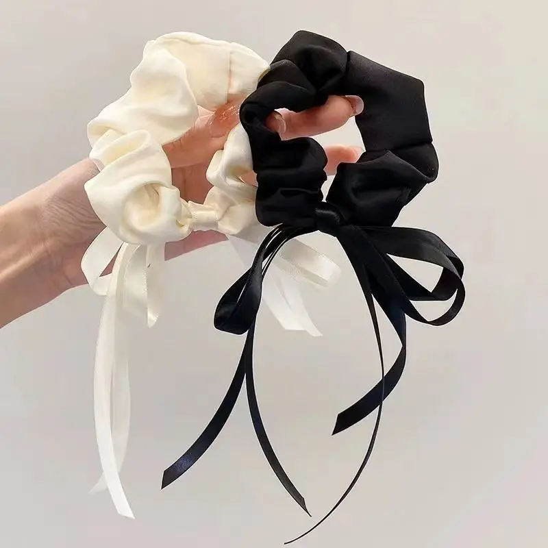 

Korean Bow Large Intestine Hair Ring Wrist Ribbon Rubber Band Black And White Satin Knotted Hair Tied Hair Accessories