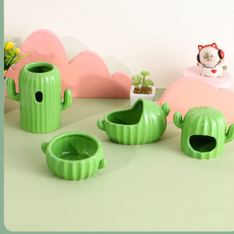 4pcs/set Hamster Food Tub Bathtub Ceramic Pet Nest Cactus Shape Water Bottle Drinker Holder Hamster Small Pet Supplies