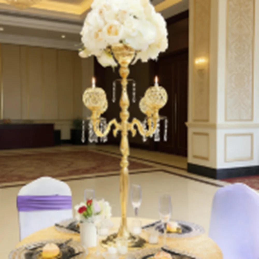 

5-местные золотые подставки для цветов, украшения, хрустальные канделябры, центральные предметы для свадебных принадлежностей, металлический подсвечник с пятью головками