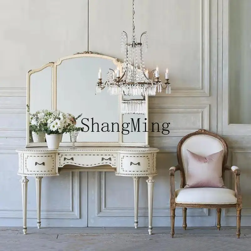 

CL High Value Retro Dresser Solid Wood Old Dresser Engraving Light Luxury Dresser Ivory White