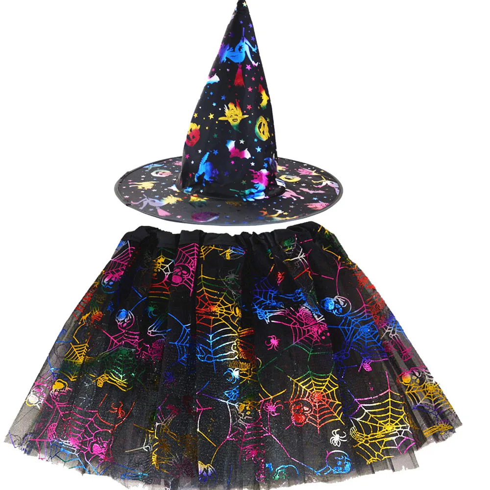 Kids Girls Spider Web Tutu Cobweb Skirt Witch Wizard Hat Tulle Fancy Halloween Costume Carnival Birthday Party Outfits Festival