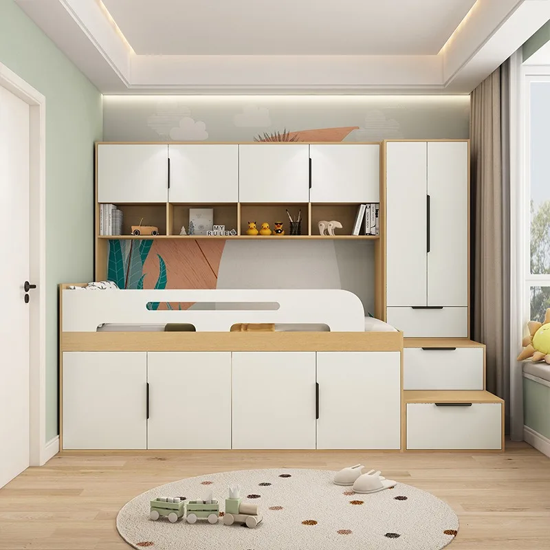 Half staircase bed against the wall wardrobe bed high combination bed