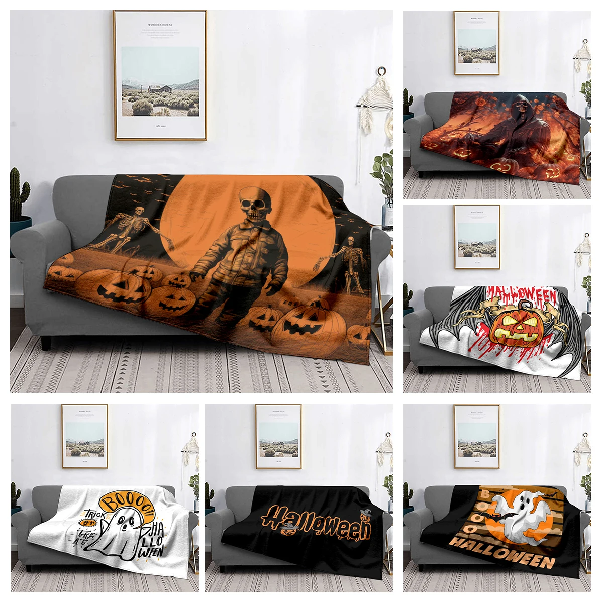 

Home decoration plush Throw Sofa blanket Bedspread bed fluffy soft blankets decor Plaid Modern Halloween Autumn Pumpkin funny