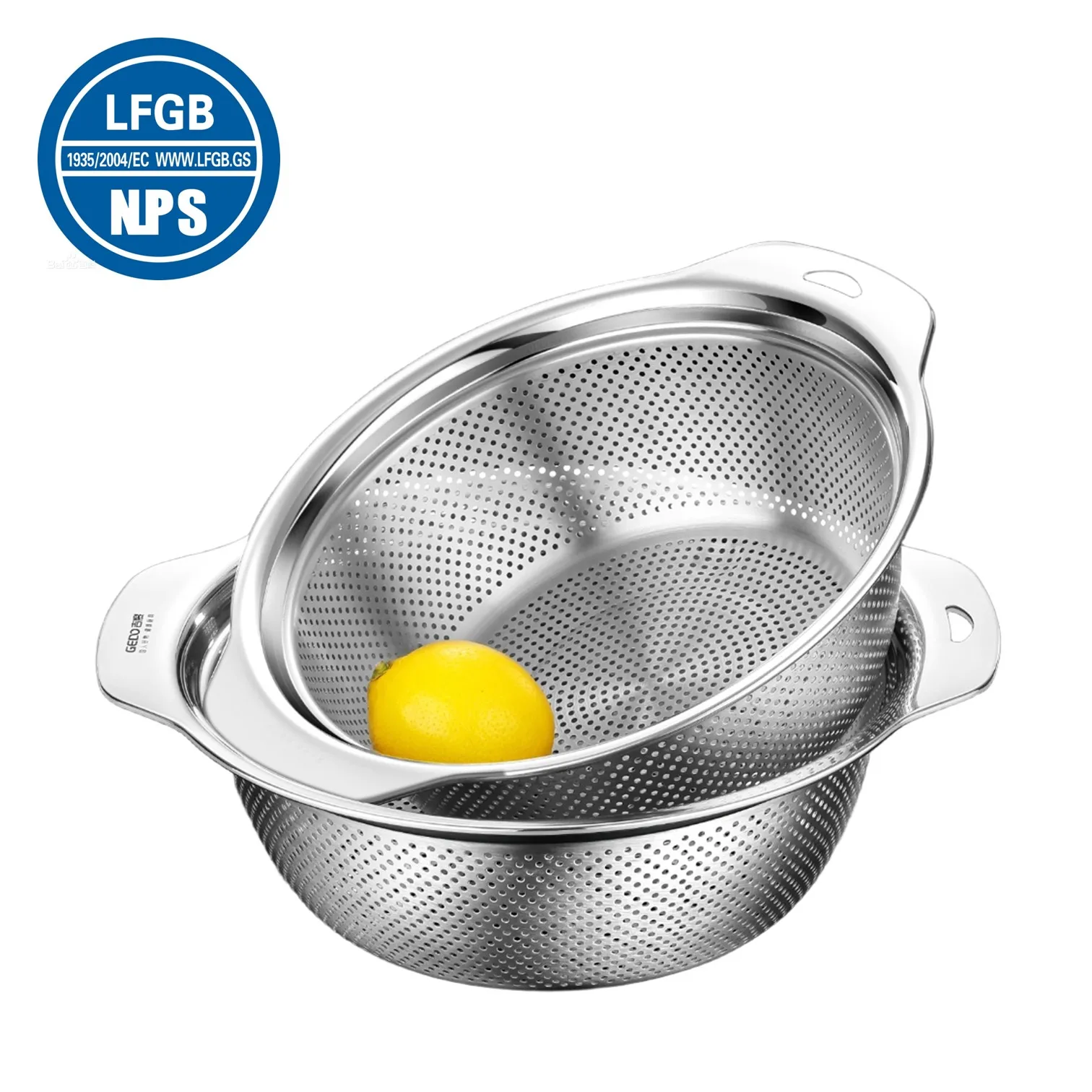 

LFGB Certification Kitchen Fruit and Rice Washing Drainage Basin 23cm~31cm Diameter Colander Dense Hole Washer with Side Handles