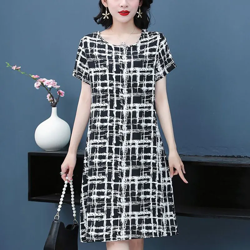 

Women's O-Neck Short Sleeve Elegant Dress, Loose Temperament A-line Skirt, Casual Summer Clothes, Simplicity Printing, Fashion