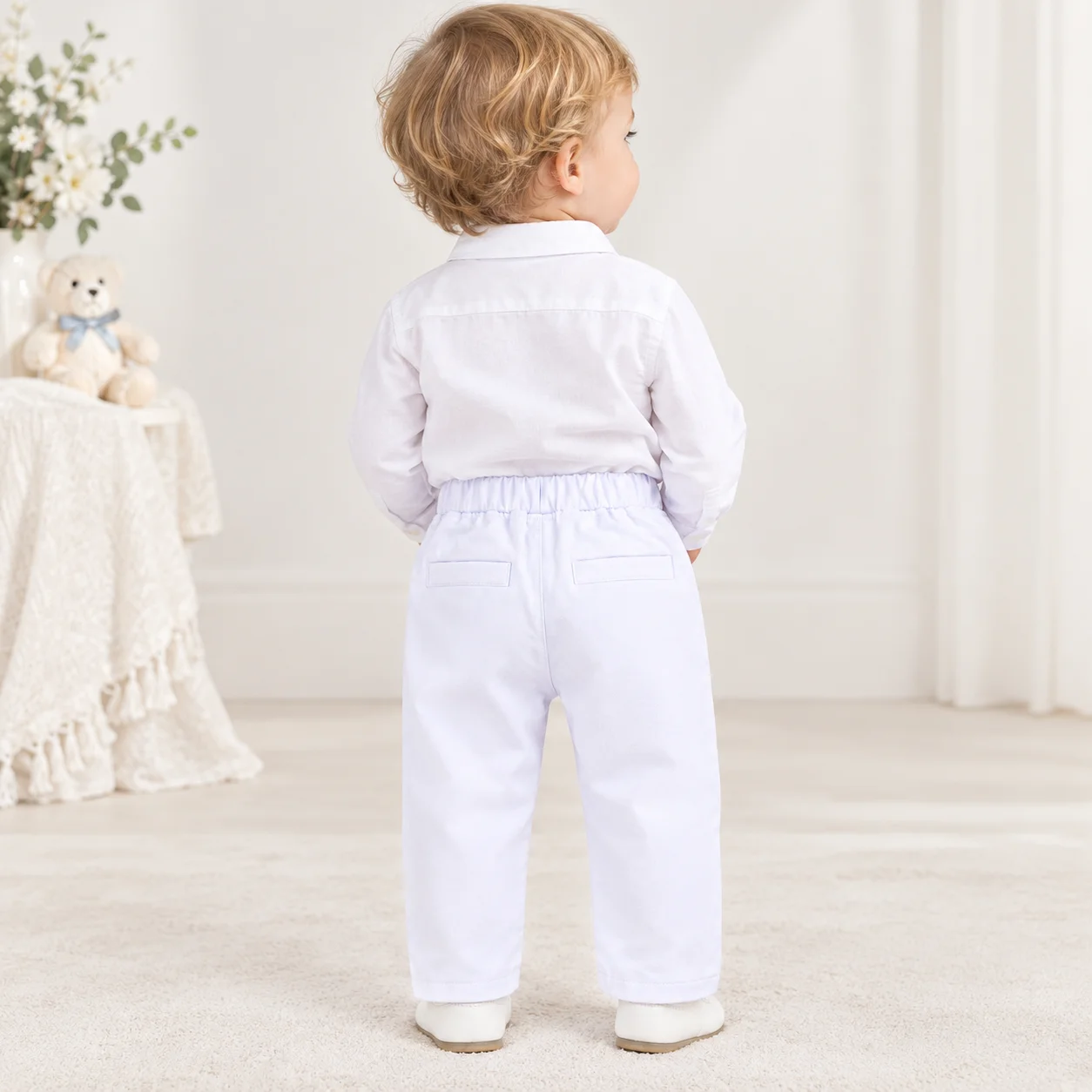 Weiße lange Hosen für Babys, Jungen, 3-24 Monate, formelle Hosen mit elastischem Bund, Anzughosen für Kleinkinder, geeignet für Hochzeiten, Partys, Geburtstage und andere festliche Anlässe. – Detail 3