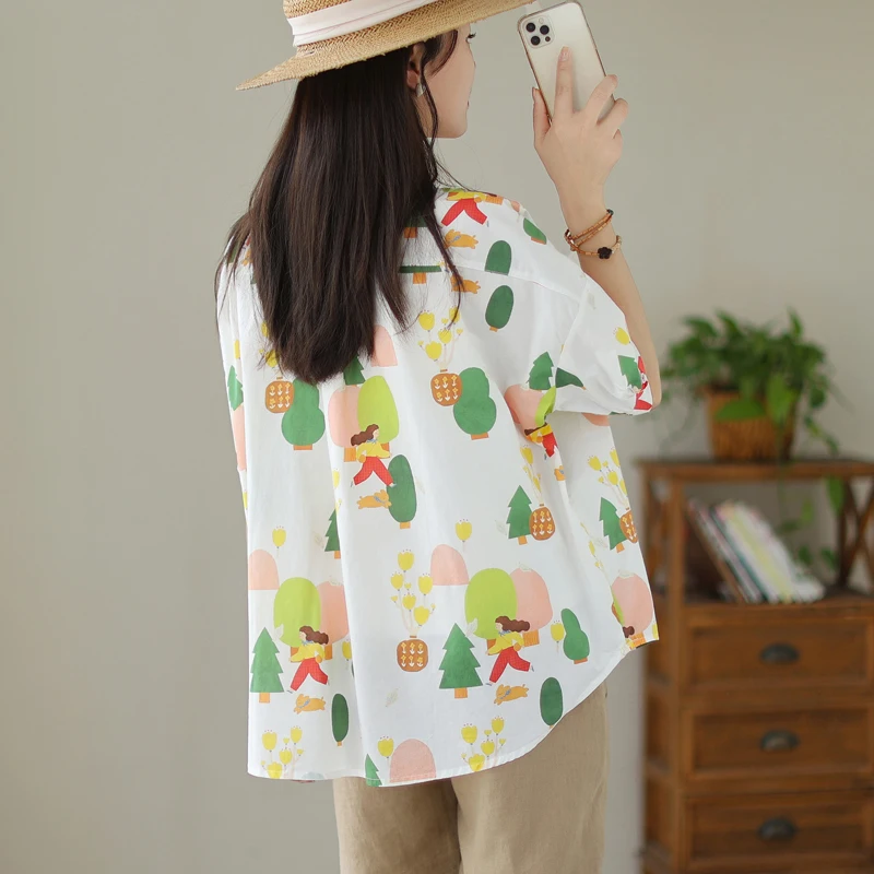 Verano artístico suelto ajuste ort Sve puro algodón impreso Casual irt mujer dulce Sle tubo recto Top abotonada Cardigan