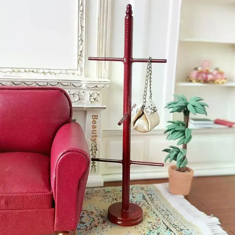 1Pcs 1:12 Dollhouse Miniature Redwood Coat Rack Furniture Model Toy Doll House Decor Accessories Mini Wooden Retro Scene Props