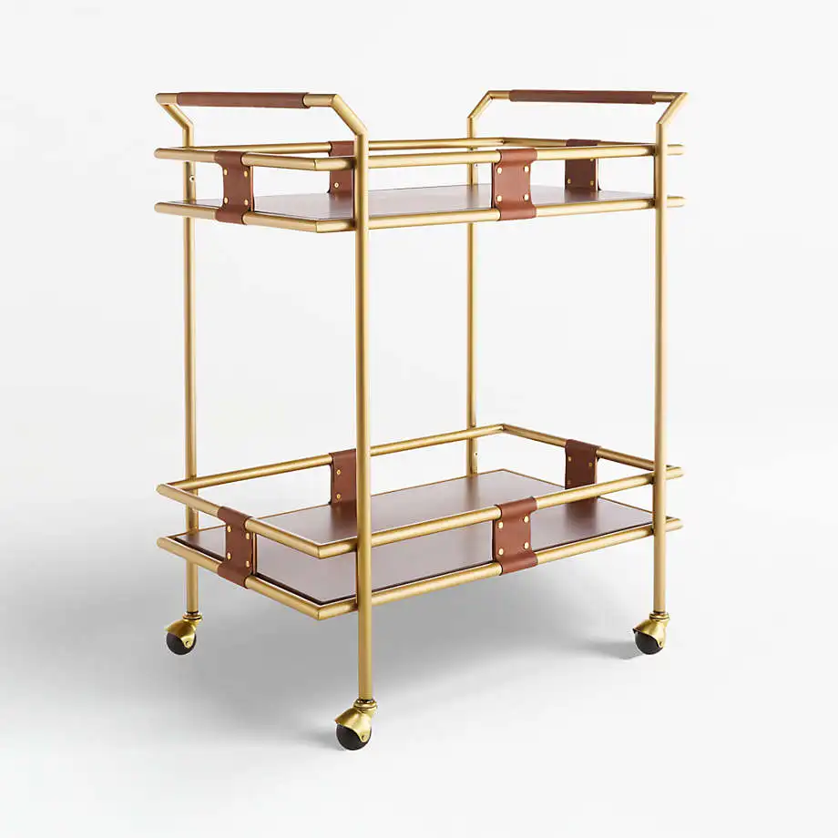 Bar Cart 2 Tier Gold Frame Wood Serving Cart With Leather Handles Rolling Drink Trolley For Home Bar Living Room