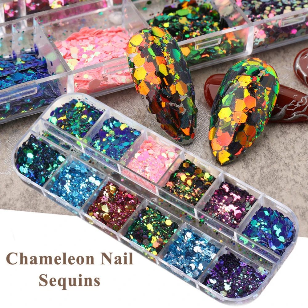 12 Colors Gradient Mermaid Glitter Nail Art Sequins, Personalized 3D Gradient Ripple Scales Ladies DIY Nail Art Decorations