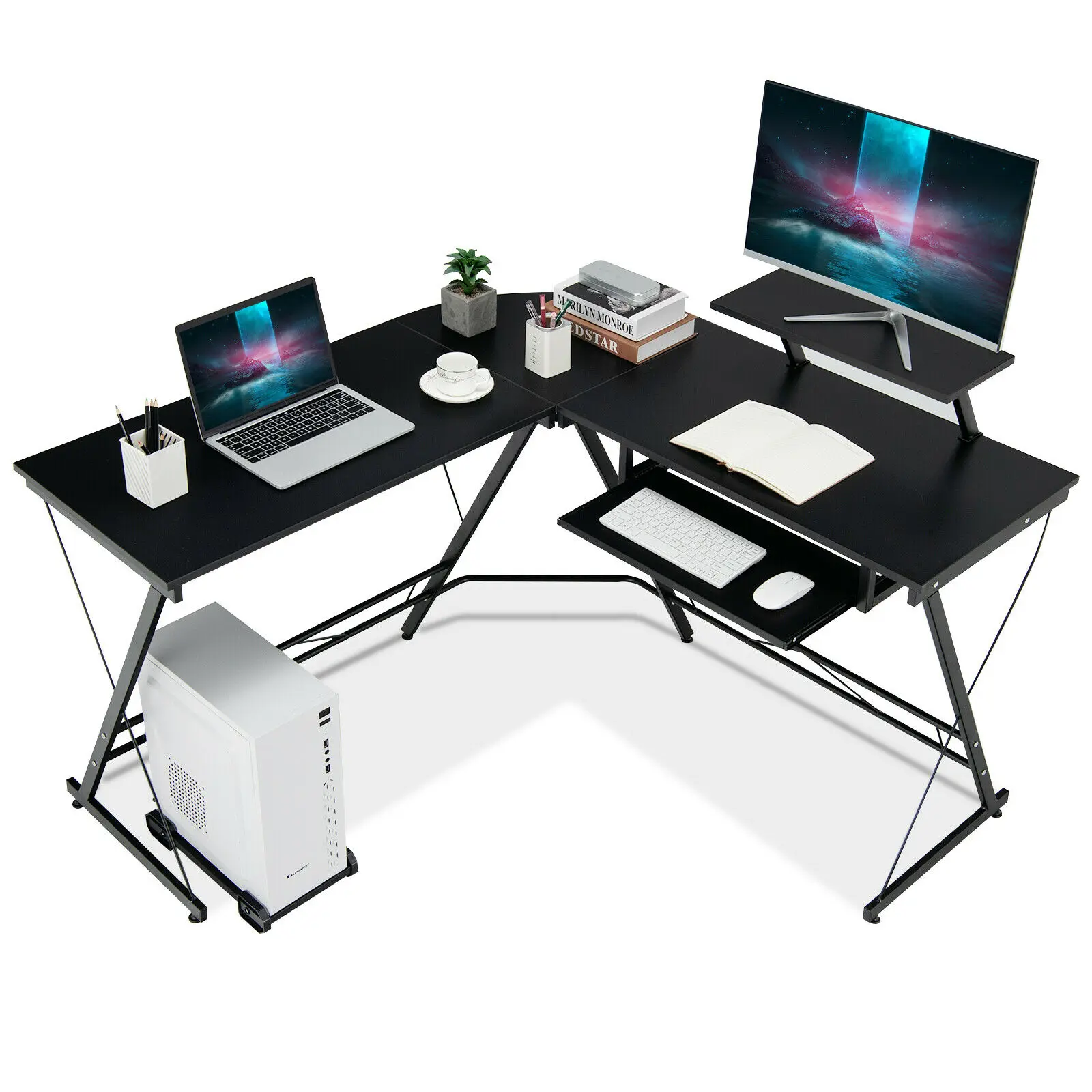 Costway L Shaped Computer Desk Home Office Workstation w/ Movable Monitor Stand