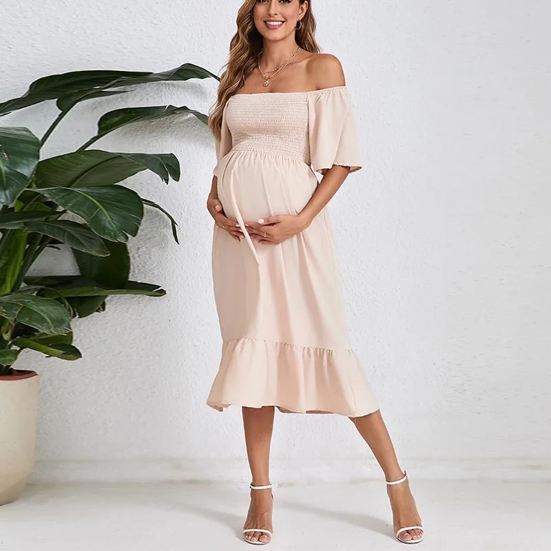 Maternity Summer Fashion Dress Fly-sleeved Pleated Layered Short-sleeved Clothes Chiffon Pregnant Dresses Clothing