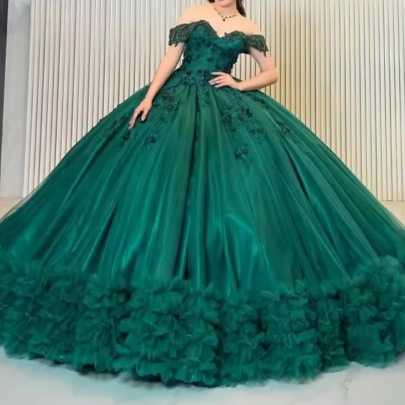 

Высокое качество изумрудно-зеленое Мексиканское женское платье для выпускного вечера, дня рождения, с короткими рукавами и цветочными рюшами, пышное Quinceanera 15, по индивидуальному заказу