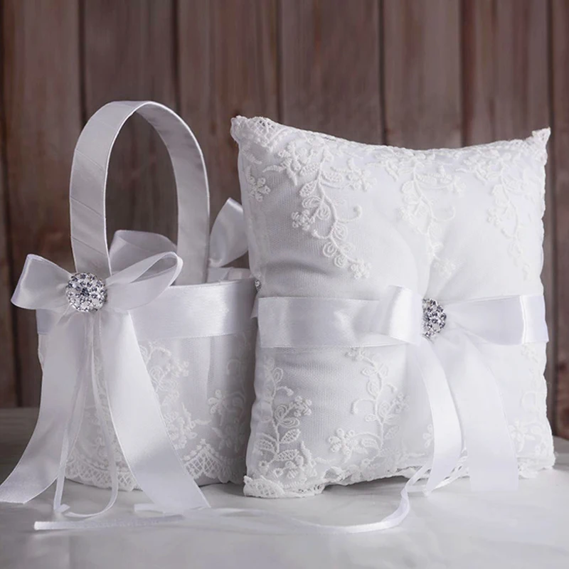 Wedding Flower Girl Basket and Ring Bearer Pillow Set Satin Fairy Lace Flower Baskets for Flower Girl Silk Ribbon Bow Decoration