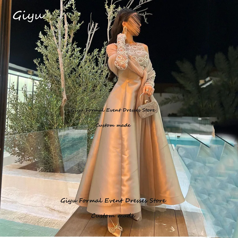 Giyu Elegant A-line Evening Gown Dress Floor-Length O-Neck Draped Vestidos De Noche Elegantes 2024 Birthday Party Dress