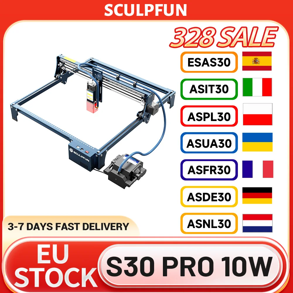Graveur laser SCULPFUN S30 Pro 10W, assistance pneumatique automatique, mise au point laser 0,06x0,08 mm, carte mère 32 bits, 410x400 mm