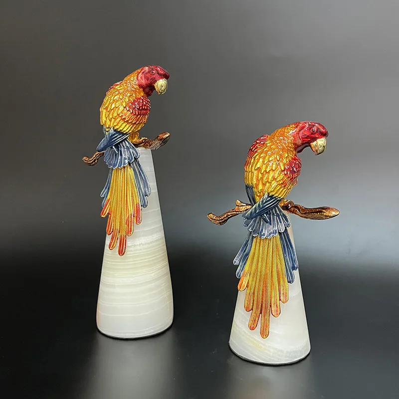 Metal Handicraft Artificial Animal Sculpture Macaw Bird Marble Pedestal Parrot Statue Home Decoration Accessories