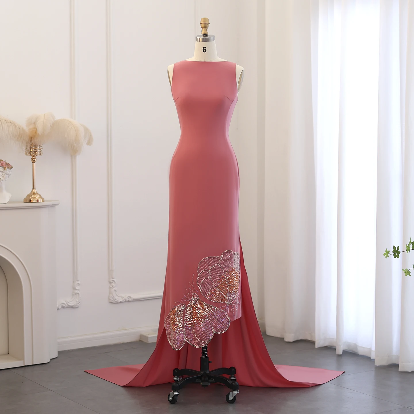 

Customized Coral Pink Evening Dresses Luxury Butterfly Beaded Sexy Prom Dress Formal Exquisite High Quality Party Gown for Women