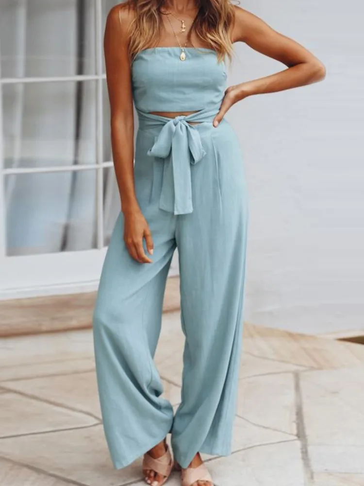 2025 Summer Lady Jumpsuit Casual Off Shoulder Sleeveless Large Size Cut Out Belted Wide Leg Rompers Women Jumpsuit