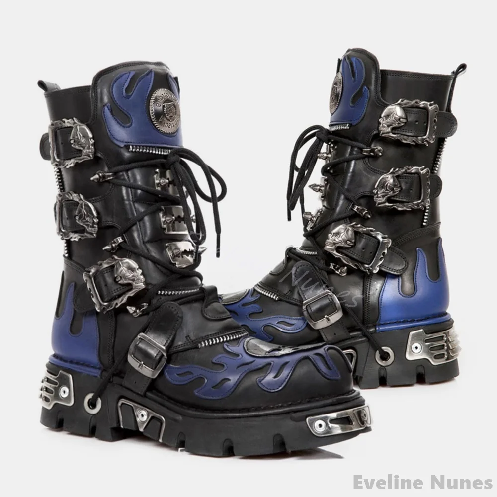 

Metal Platform Rock Boots Women/men Round Toe Mixed Colors Belt Buckle Blue Flame Motorcycle Boots 2024 Hotties Mid Calf Boots