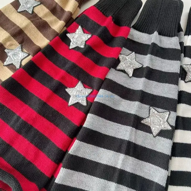 

N7YF Winter Autumn Knitted Leg Warmers Sequins Star Appliques Striped Foot Leg Covers Baggy Knee High Socks for Women