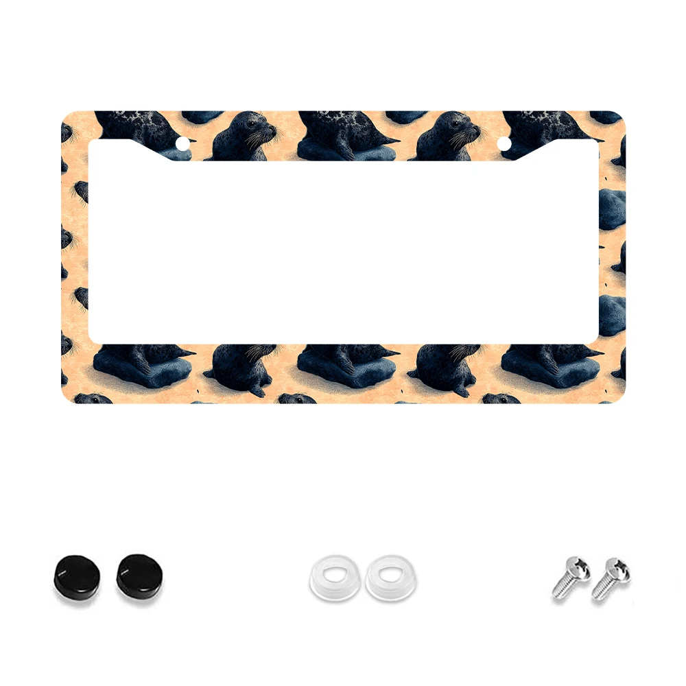 

1pc Retro Orange and Black Seal Pattern 2-Hole License Plate Frame, Aluminum Material, 6x12 Inches, with Screw Kit, Unique Car