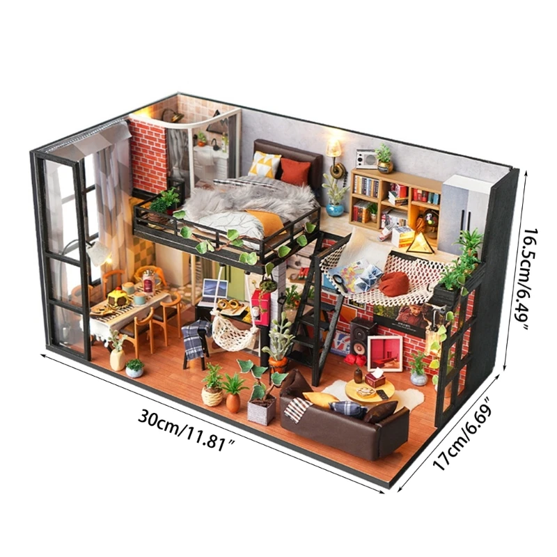 Miniatura casa delle bambole fai-da-te con mobili Mini casa in legno con copertura antipolvere Decorazioni per per