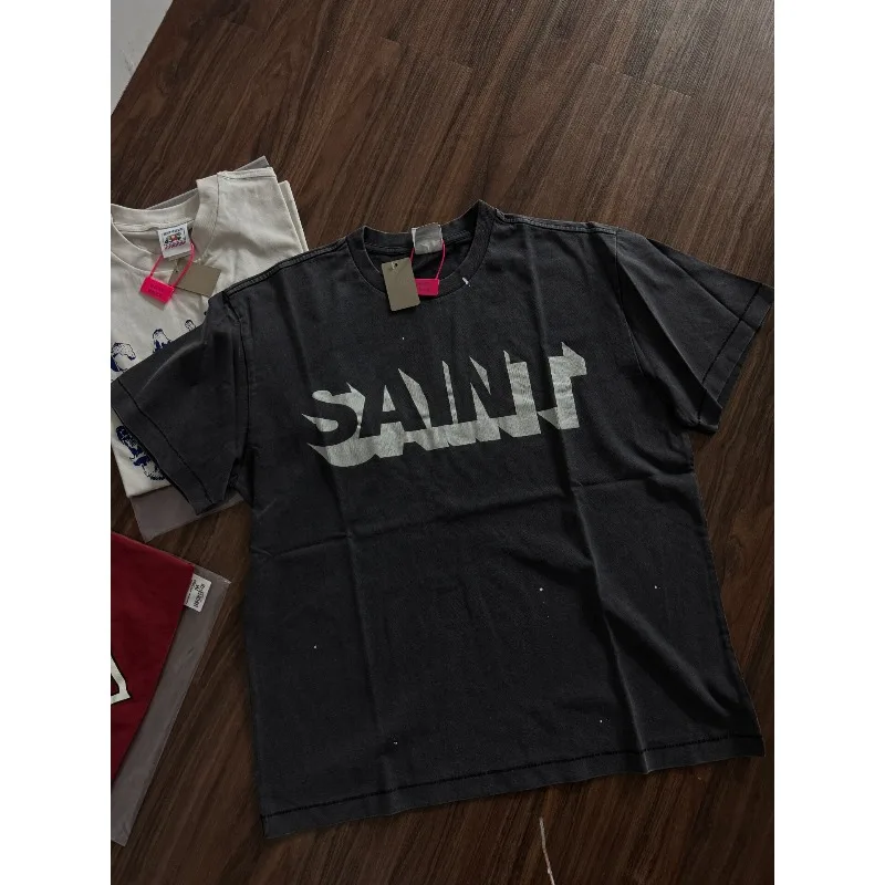 High Street Saint Bold Letter Graphic Tee Vintage Faded Washed Oversized Loose Casual Short Sleeve T Shirt