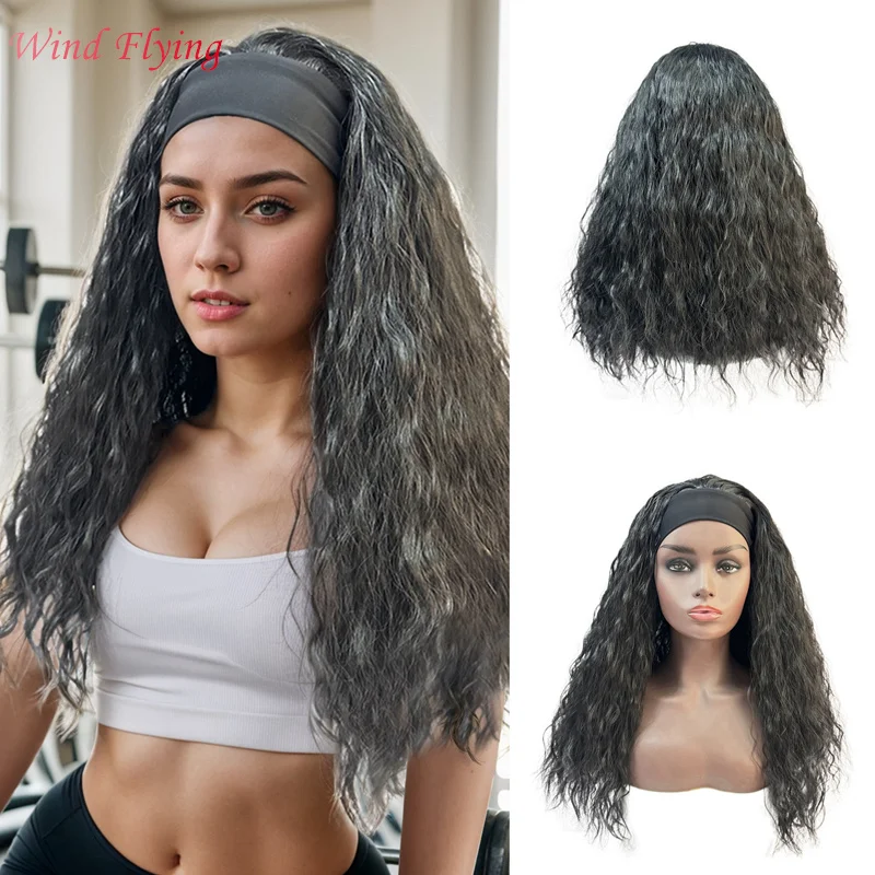 WIND FLYING 22 Inches Ice Hair Band Wig Black Wig Women Long Curly Hair Full Head Set Fluffy Whole Top Chemical Fiber Hair Wig