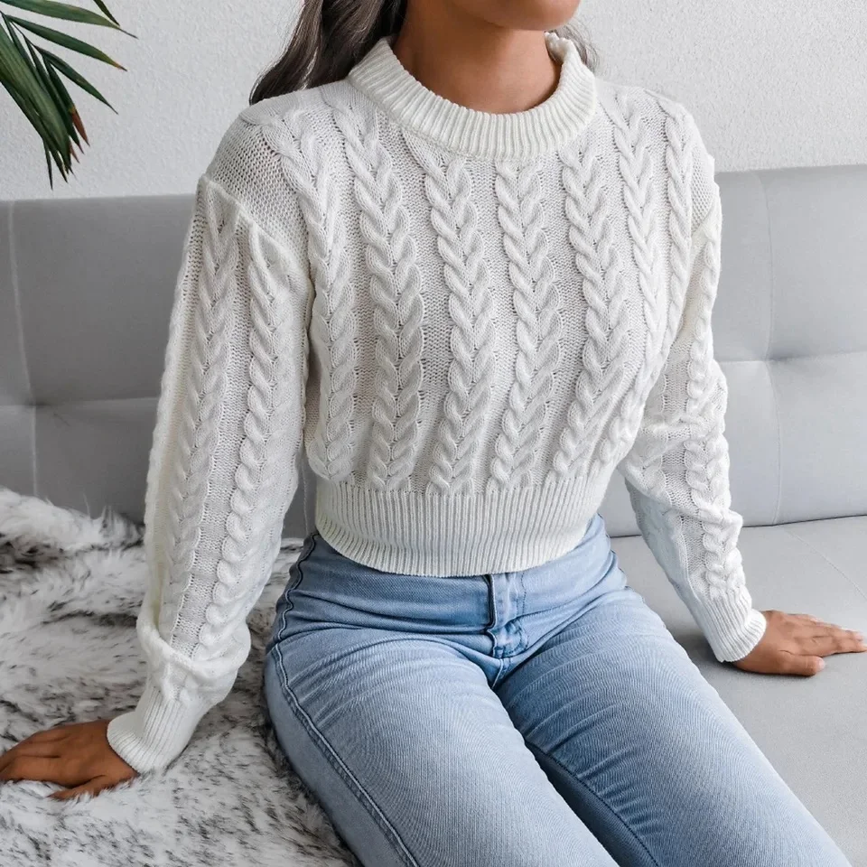 Crop Cable Knit White Sweater Long Sleeve Crew Neck Pullover Women Jumper Soft Girls Autumn Winter  Thick & Warm Knitwear