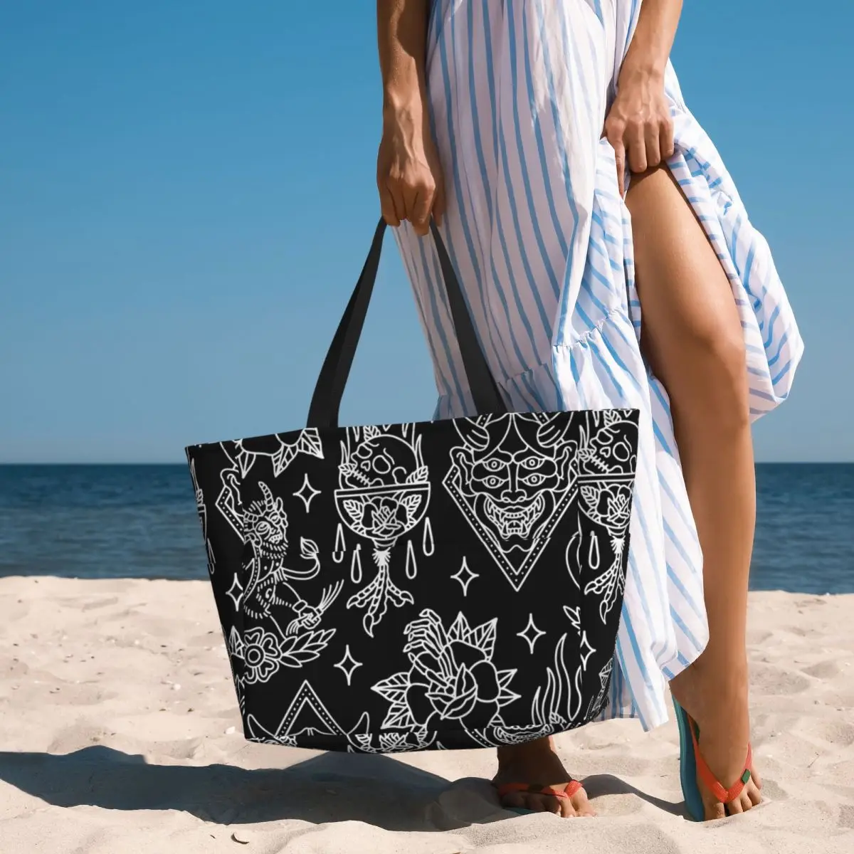 Borsa da viaggio da spiaggia Flash tatuaggio tradizionale bianco, borsa Tote Shopping alla moda borsa a tracolla quotidiana modello Multi-stile