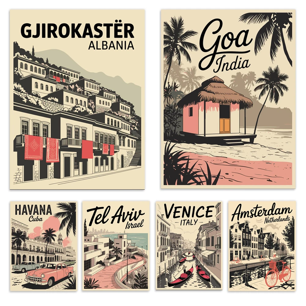 Vintage travel posters for Albania Girocaste, London, Cuba Havana, India, Dubai, France Colmar, Cartagena, Budapest, and Egypt.