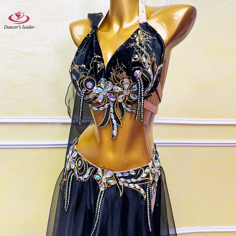 Traje de dança do ventre ab pedra feminino adulto crianças high-end fenda malha saia samba desempenho alta flash vestido