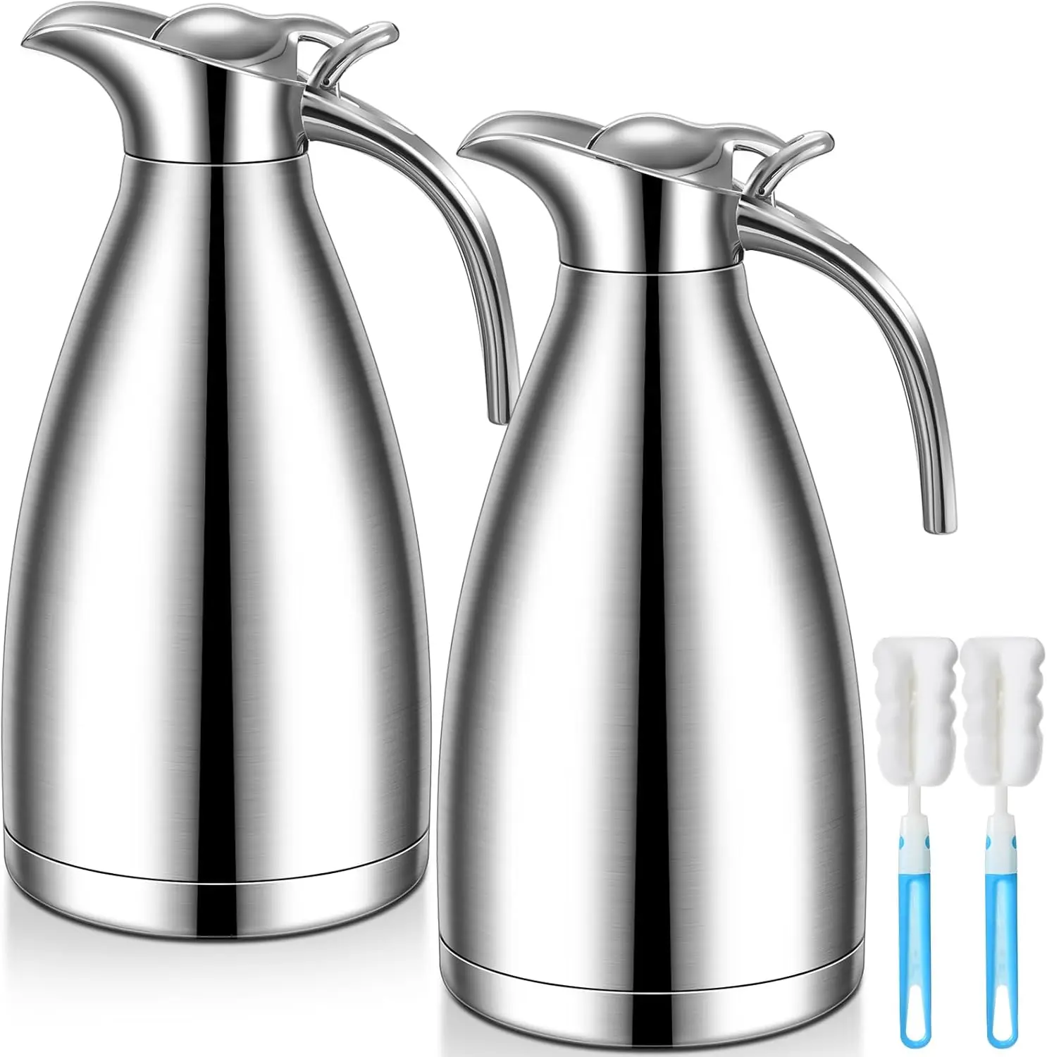2-Pack Insulated Stainless Steel Coffee Carafe, 68 oz Thermal Pot for Hot Liquids, Creamer Dispenser with Brushes