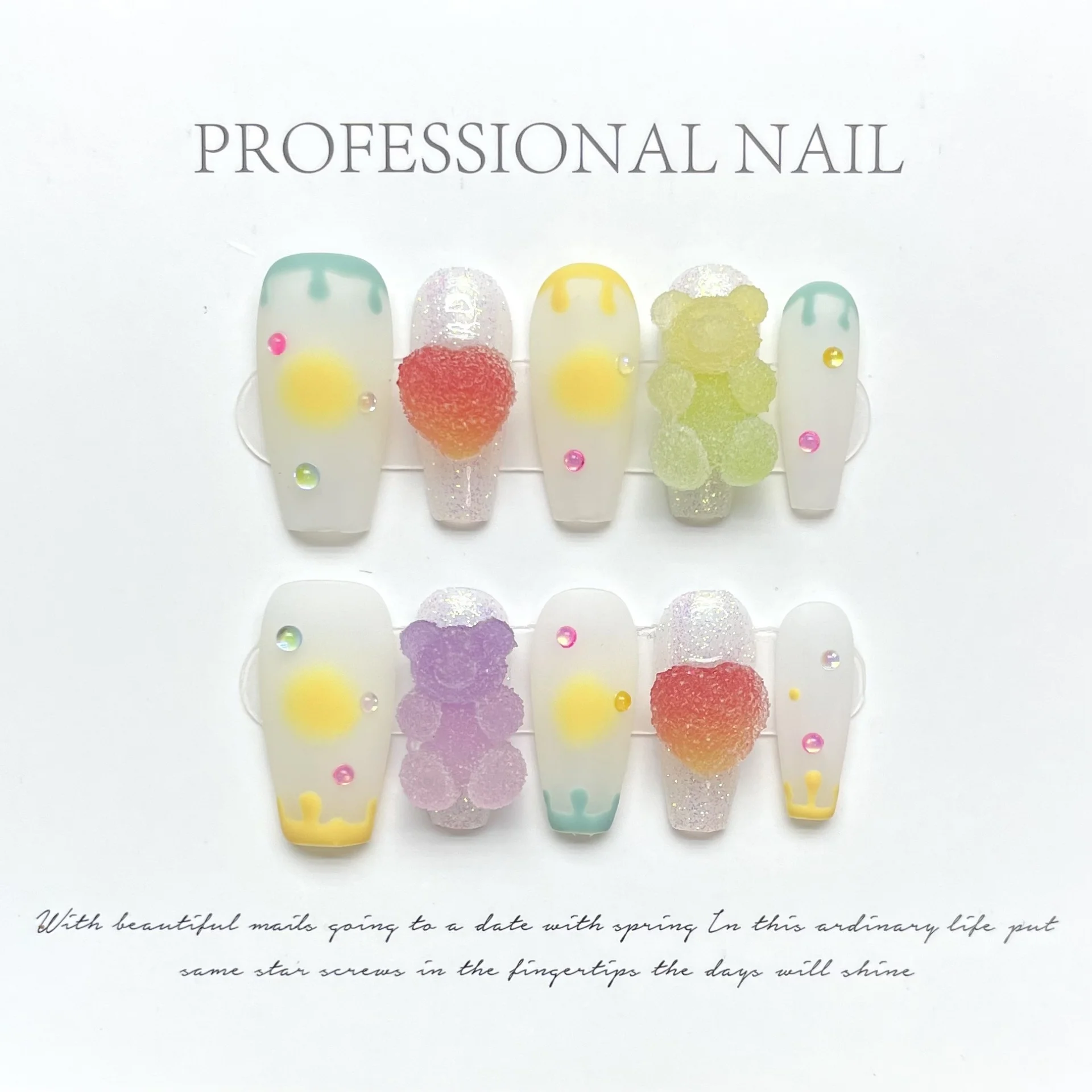 

10pcs Mid-length Ballet Handmade Fake Nails Tip Cute Cartoon Candy Design Coffin False Nail Art Reusable Colorful Press on Nails