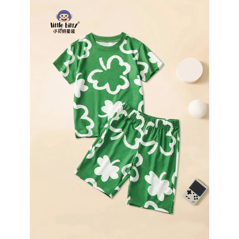 

2024Summer New Children Green Short-Sleeved Shorts Suit Youth Vitality Fashion Casual and Comfortable Two-Piece Set