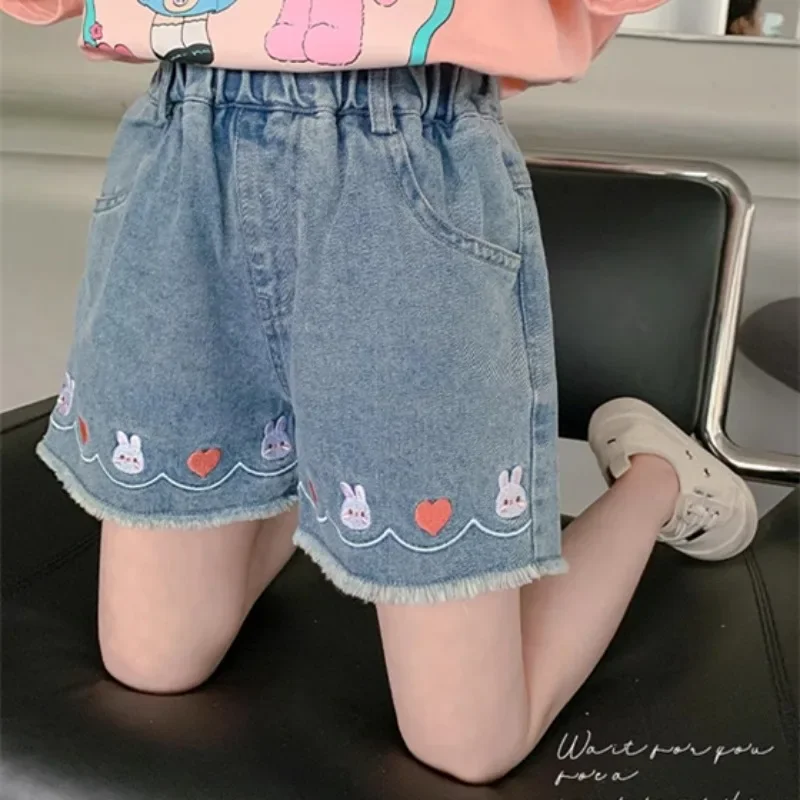 Children\'s High Waist Holes Big Children Girls Wear Wide Hot Pants Girls\' Denim Shorts 2024 New Style