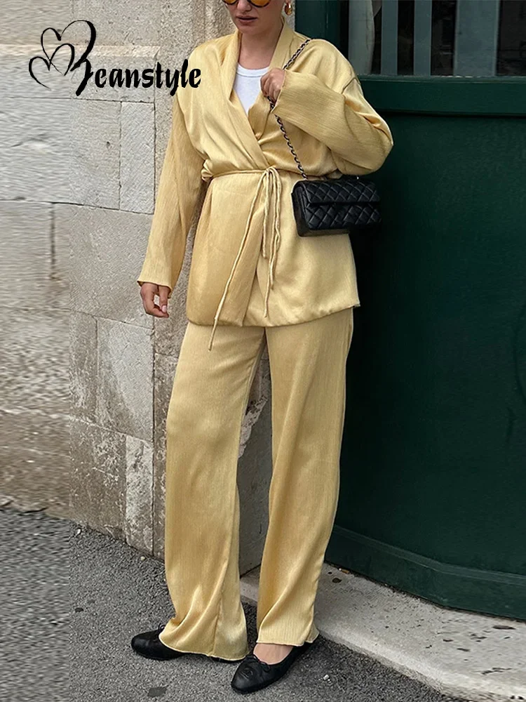 

CPSYMYM Casual Lace Up Shirt Pant Set Women Loose Fold V-neck Long Sleeve Wide Leg Pants Female Suit Summer Solid Lady Suits