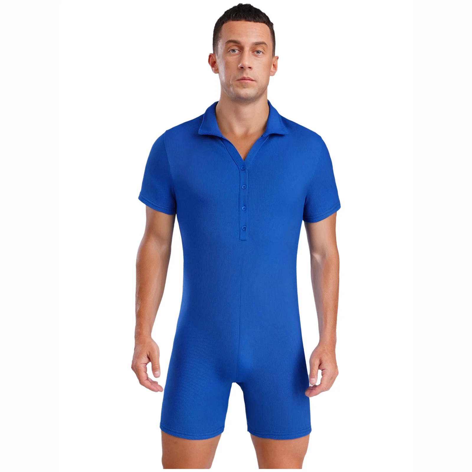 

Men Soft Casual Home Wear Pajamas Romper Bodysuit Workout Singlet Turn-down Collar Short Sleeves Boyleg Button Up Jumpsuit