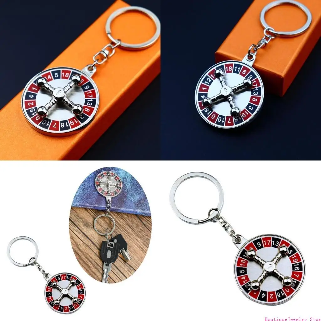 E1PE Lucky Wheel Keychain Alloy Spinning Keychain Durable Round Roulette Keyring Unique Interactive Holder Jewelry Gift