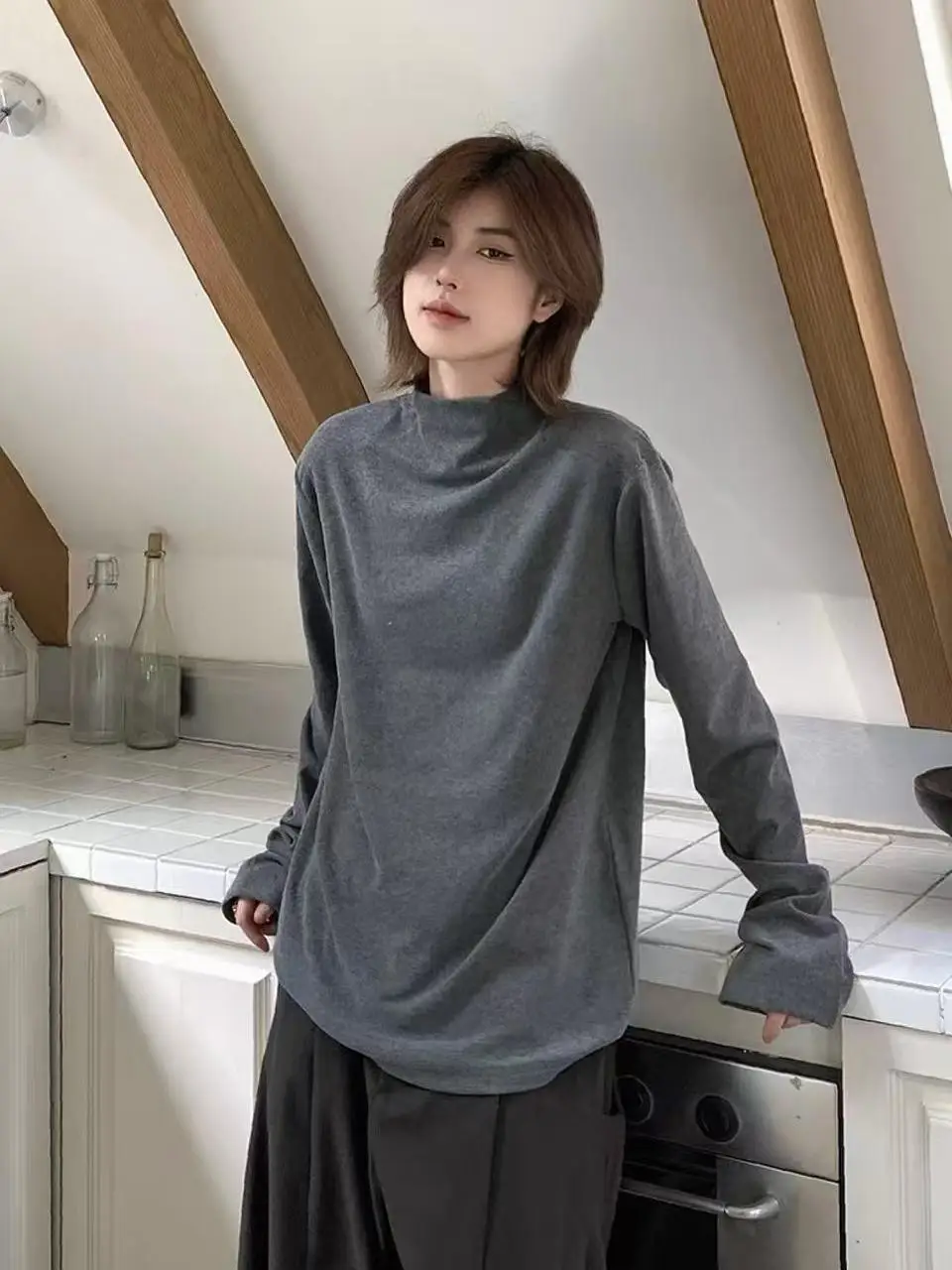 

Cleanfit Long Sve Base irt American Pure Color f Мужская повседневная футболка с высоким воротником, универсальная осенне-зимняя футболка