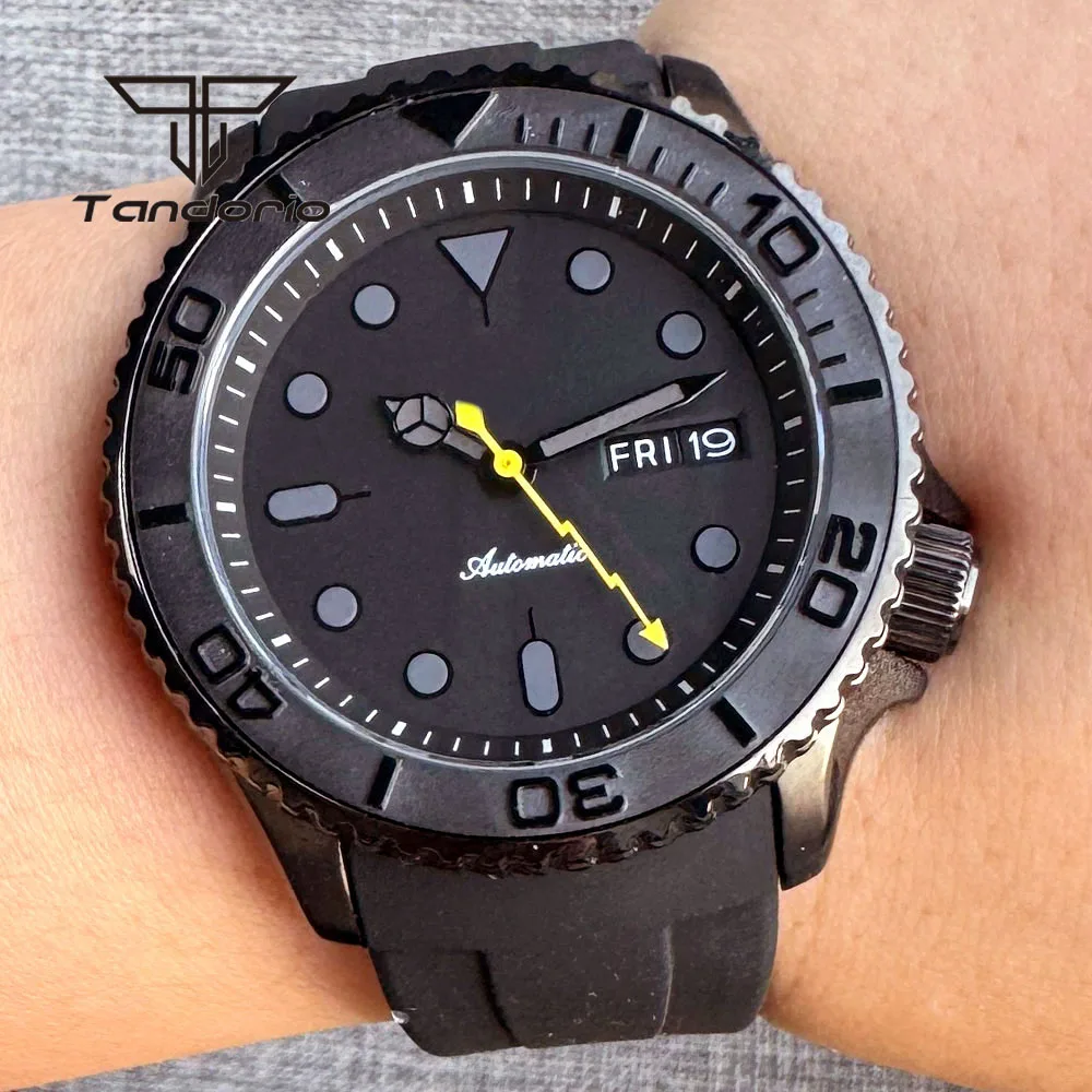 Tandorio NH36 41mm Men Automatic Diving Mechanical Watch 20ATM Black Pvd Case Date Week Sapphire Crystal Ceramic Bezel 3.8 Crown