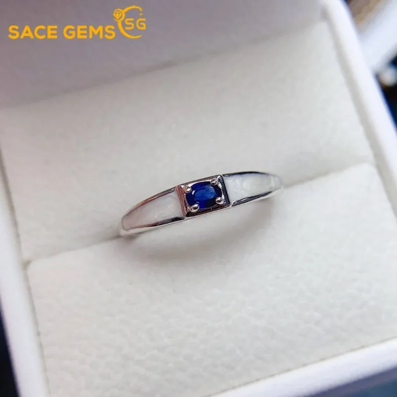 

SACE GEMS Fashion 925 Sterling Silver 3*4mm Natual Sapphire Luxury Rings for Women Created Wedding Engagement Party Fine Jewelry