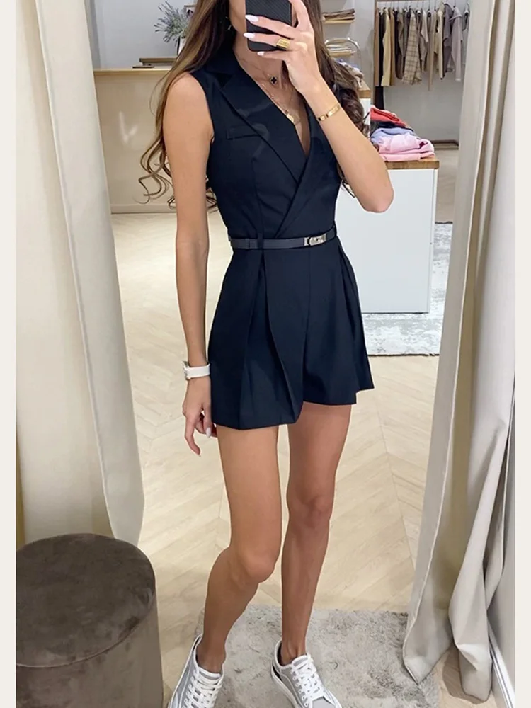 Office Ladies Elegant Jumpsuit Fashion Sleeveless Suit Collar Slim Short Playsuits Female 2024 Sping Summer Romper With Belt