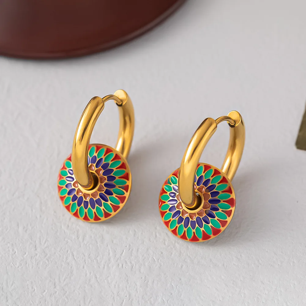 

Vintage Gold-Plated Stainless Steel Pendant Necklace And Earrings Set Colored Drip Design for Women Girls Jewelry Gift Party