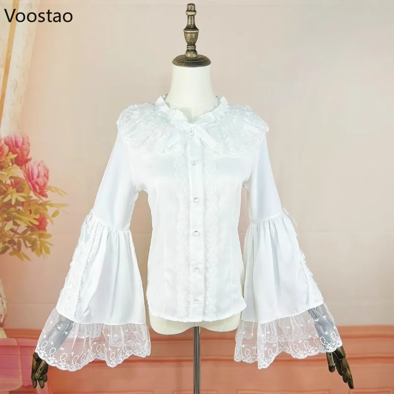 Victorian Gothic Y2k Lolita Style Shirts Women Vintage Elegant Lace Ruffles Flare Sleeve Blouses Japanese Slim Tops Blusas Mujer