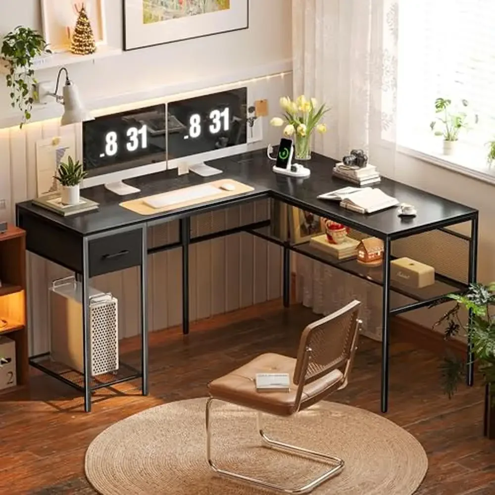 L-Shaped Computer Desk with Power Outlets Drawer Grid Storage Bookshelf Reversible Corner Home Office Desk Modern Design Sturdy