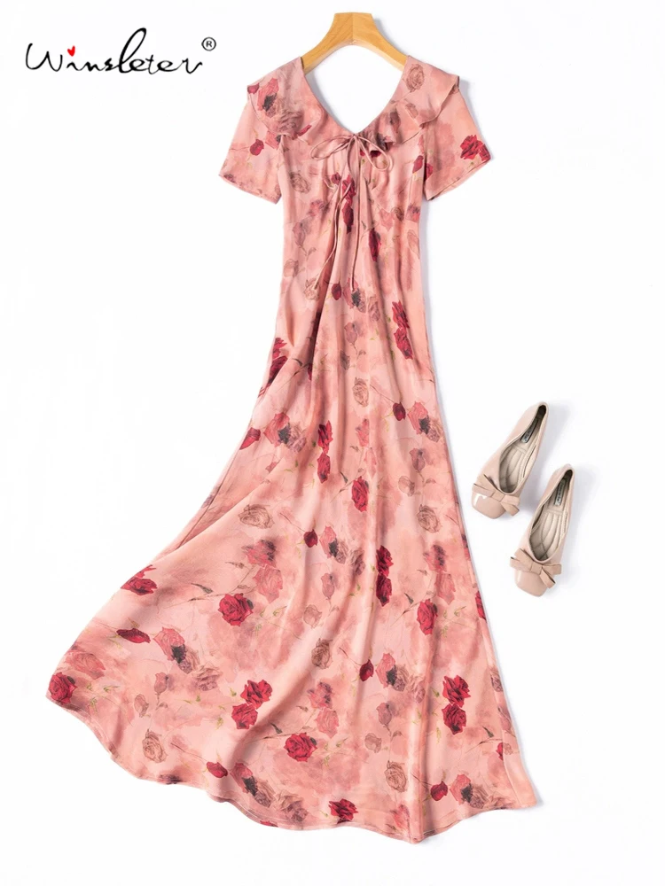 

Winsleter-Women's 100%Real Silk Elegant Dress, V Neck Short Sleeve Print, French Ruffles Trumpet Dresses, 2025 Summer D56005CC
