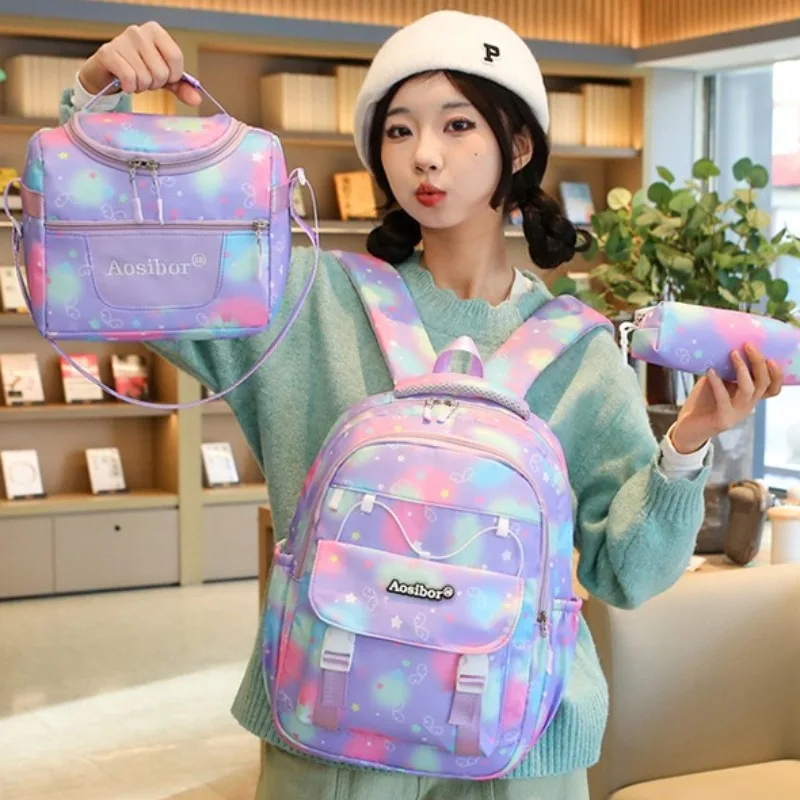 3pcs New Cartoon Printed Backpack for Girls Lightweight School Bag Stress Relief Campus Rucksack Junior High Student