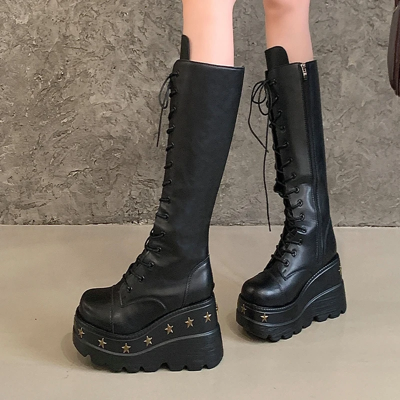 

Heavy Metal Platform Boots 10cm Heel Thick-soled Rivet Square-toe High-heeled Boots Dark Punk Heightened Zip Rock Biker Boots